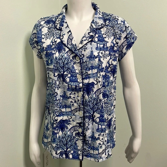 Jaye’s Studio x Danika Herrick Blue Pagoda Pajama Shirt - Picture 1 of 7